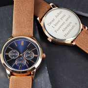 Engraved Mens Rose Gold Tone Watch with Brown Strap Gift Boxed