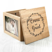 Personalised Couple's Oak Photo Keepsake Box with Wreath Design