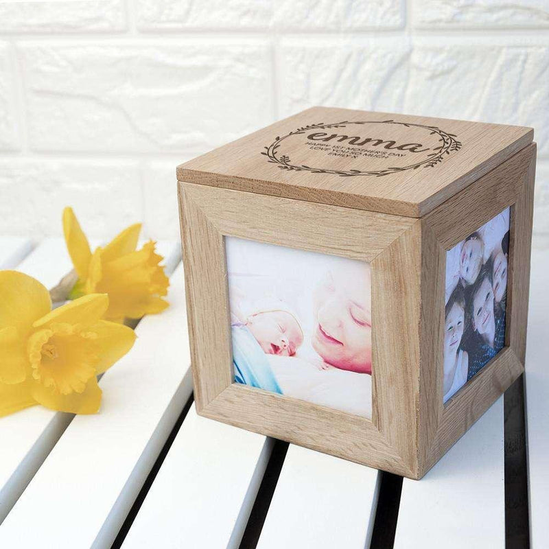 Personalised Mothers Day Photo Box Cube Oak - Myhappymoments.co.uk