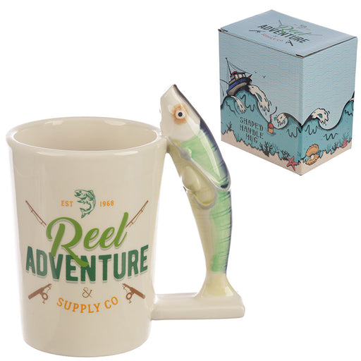 Reel Adventure Fishing Shaped Handle Mug with Fish and Hook - Myhappymoments.co.uk
