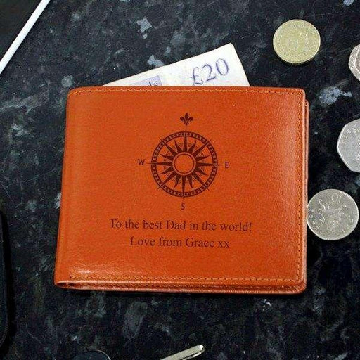 Personalised Compass Tan Leather Wallet - Myhappymoments.co.uk
