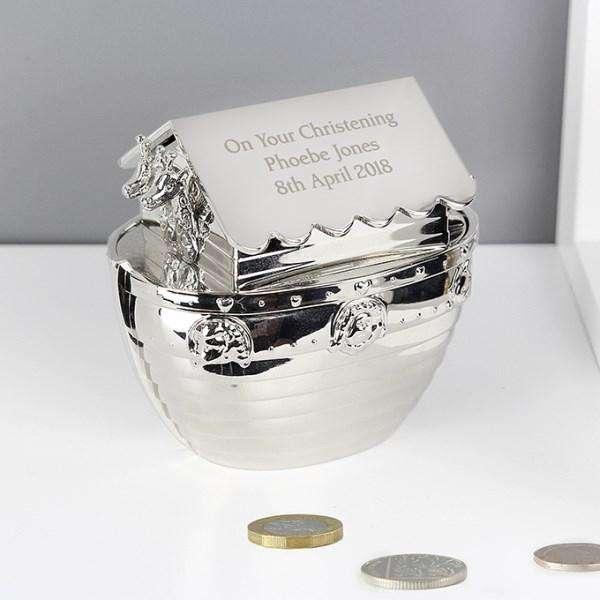Engraved Silver Plated Noah's Ark Money Box - Christening Gift
