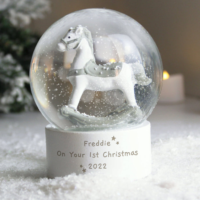 Personalised Rocking Horse Glitter Snow Globe - First Christmas & Christening Gift