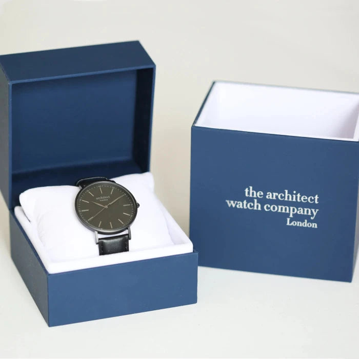 Personalised Men's Architect Minimalist Watch With Jet Black Strap