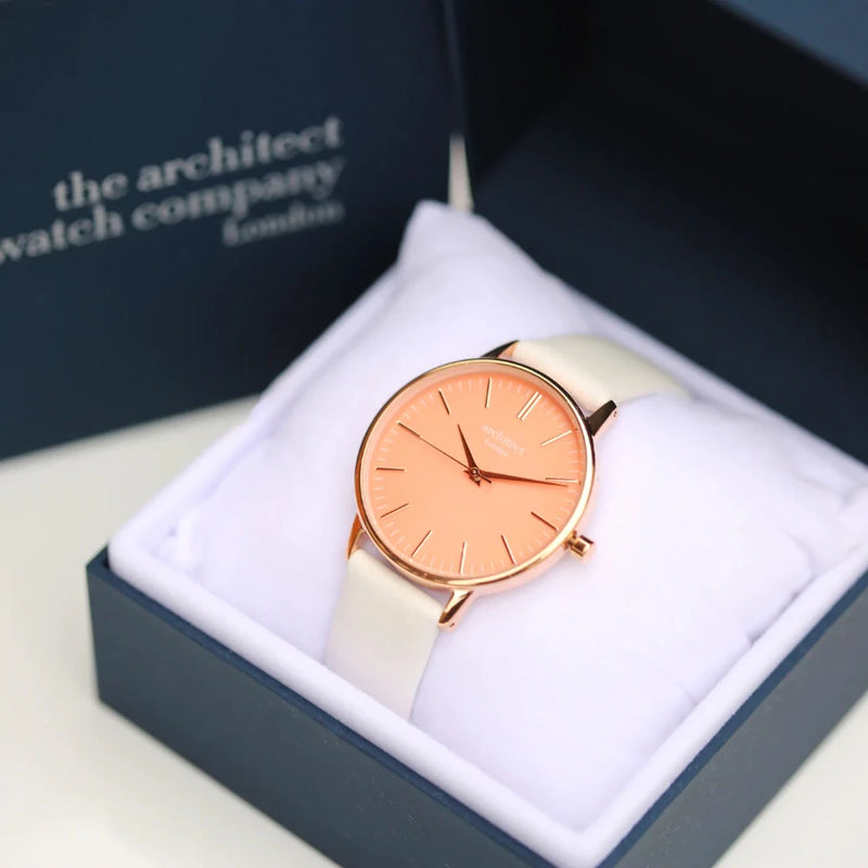 Engraved Ladies Architect Coral Watch With White Strap