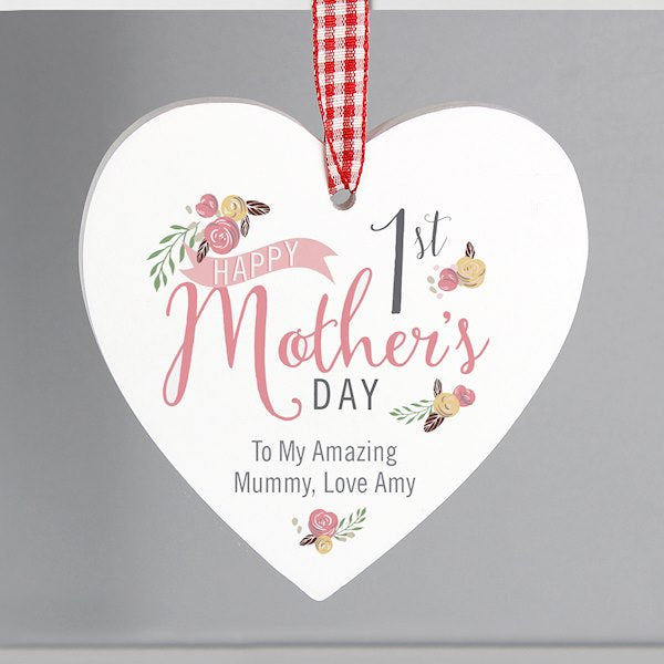 Personalised Floral Bouquet 1st Mothers Day Wooden Heart Decoration - Myhappymoments.co.uk