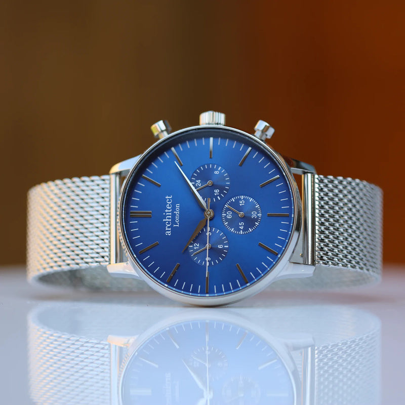 Personalised Men's Architect Motivator Watch In Blue With Silver Mesh Strap
