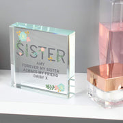 Personalised Floral Sister Large Crystal Glass Block