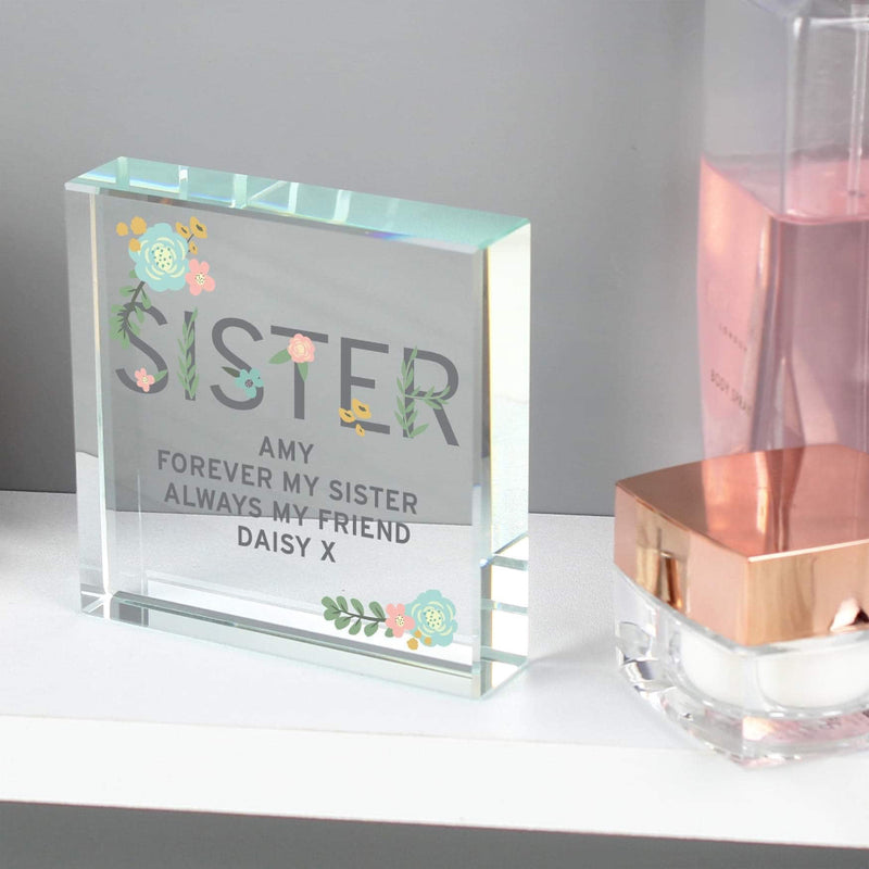 Personalised Floral Sister Large Crystal Glass Block