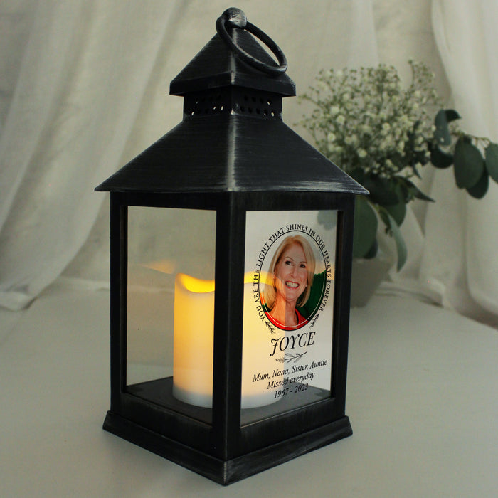 Personalised Light In Our Hearts Memorial Photo Upload Black Lantern