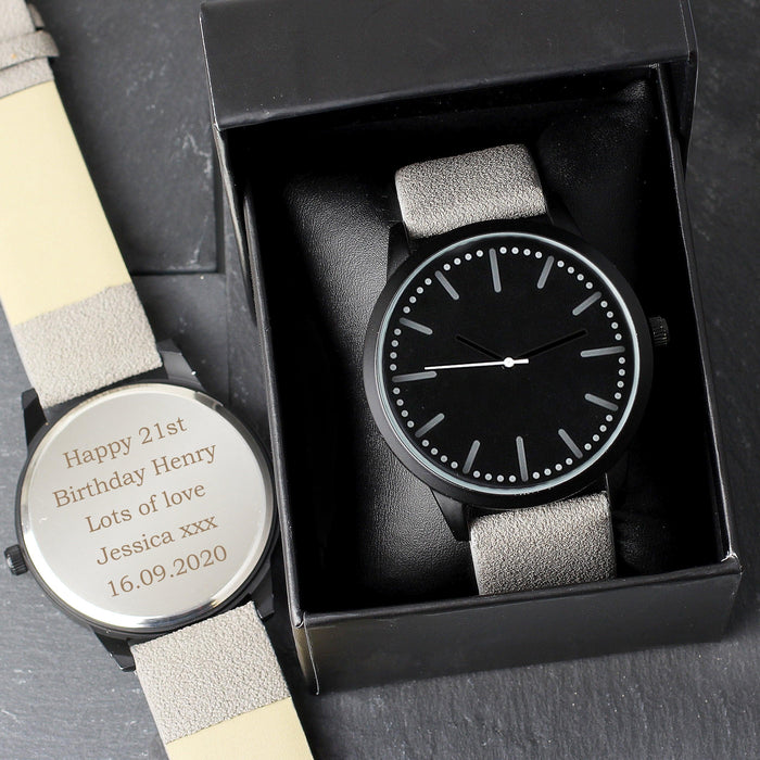 Engraved Mens Matte Black Watch with Grey Strap With Gift Box