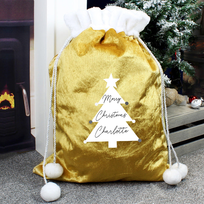 Personalised Luxury Pom Pom Christmas Gold Sack - Christmas Tree