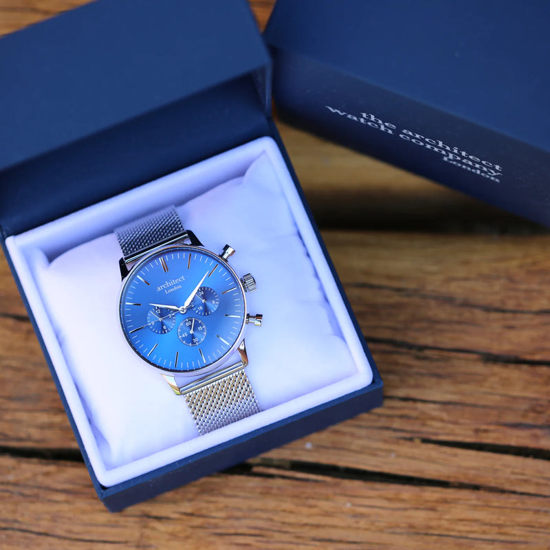 Personalised Men's Architect Motivator Watch In Blue With Silver Mesh Strap