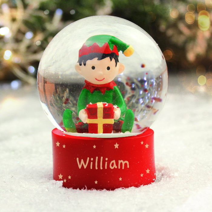 Personalised Elf Christmas Glitter Snow Globe - Name