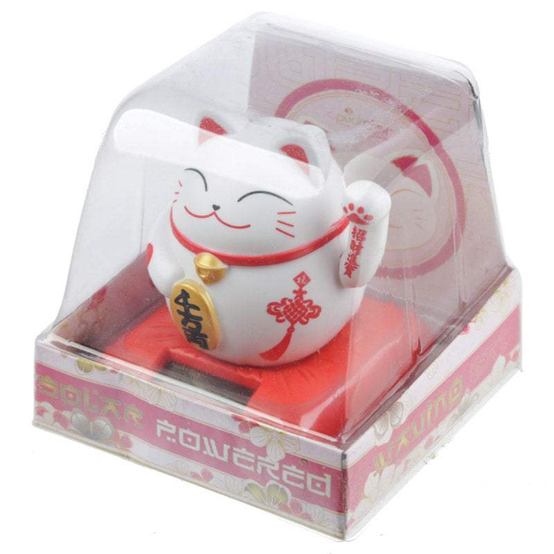 Waving Lucky Cat Solar Dashboard Pal - White