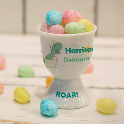 Personalised Green Dinosaur Egg Cup - Myhappymoments.co.uk