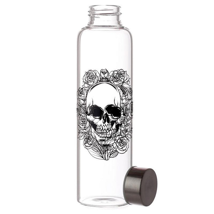 Skulls & Roses Reusable Glass Water Bottle with Protective Neoprene Sleeve with Strap