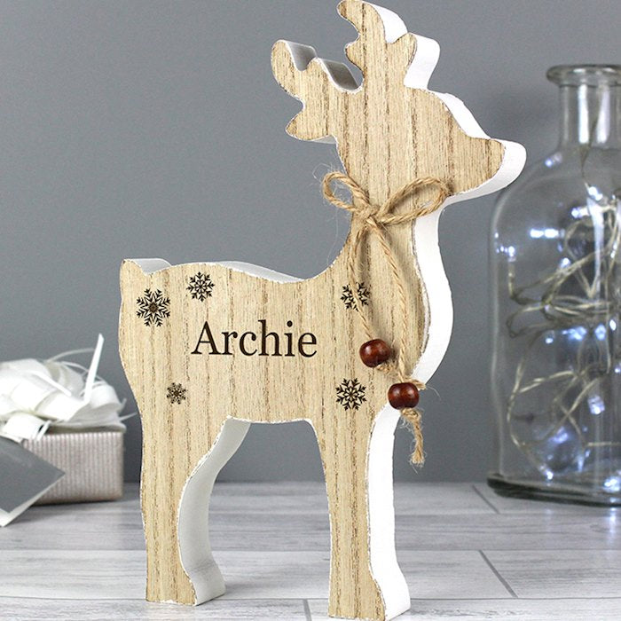Personalised Any Name Rustic Wooden Reindeer Christmas Decoration - Myhappymoments.co.uk