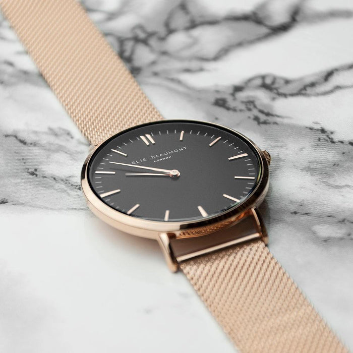Elie Beaumont Personalised Ladies Rose Gold Mesh Strapped Watch With Black Dial