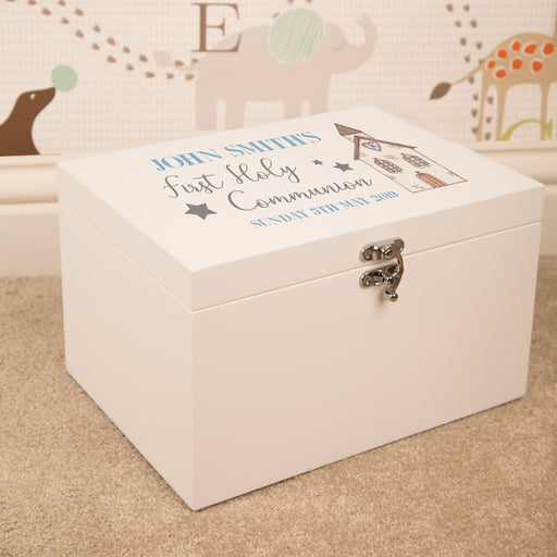 Personalised First Holy Communion White Keepsake Box for a Boy - Myhappymoments.co.uk