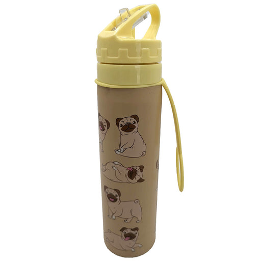 Mopps Pug Reusable Foldable Silicone Flip Straw Water Bottle 600ml