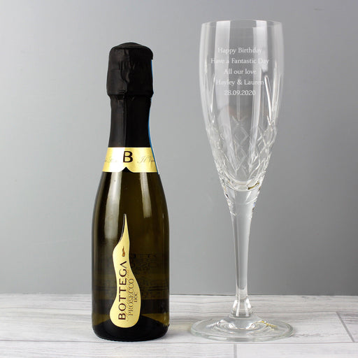 Personalised Cut Crystal Flute Glass and Miniature Prosecco Set