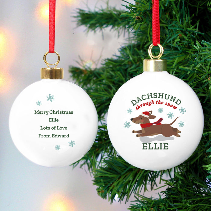 Personalised Dachshund Through The Snow Christmas Bauble