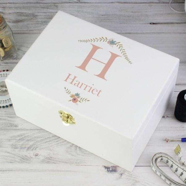 Personalised Floral Bouquet White Wooden Keepsake Box - Myhappymoments.co.uk