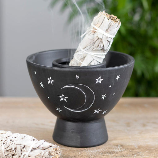 Black Moon and Stars Terracotta Smudge Stick Bowl