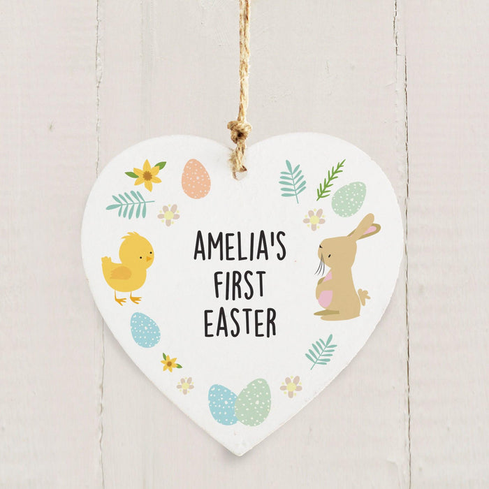 Personalised Easter Bunny & Chick Wooden Heart Decoration