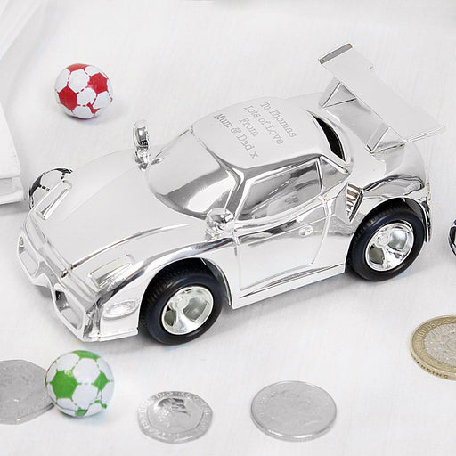 Personalised Silver Plated Racing Car Money Box