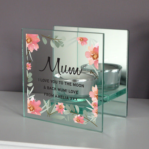 Personalised Floral Sentimental Mirrored Glass Tea Light Holder