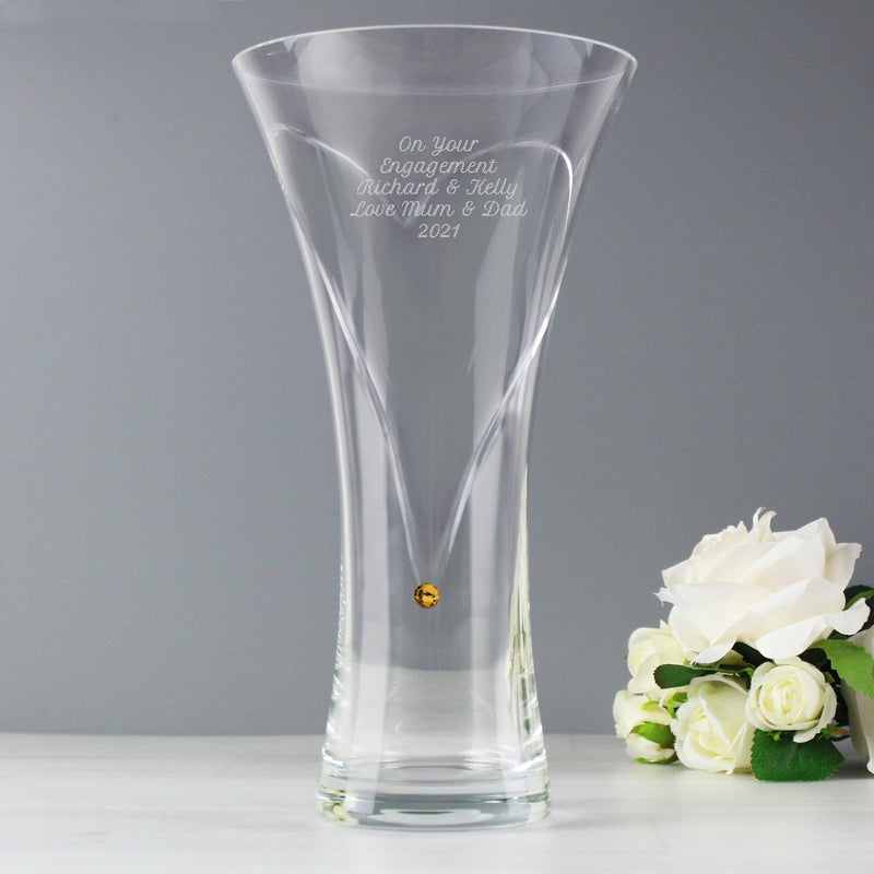Engraved Large Hand Cut Gold Diamante Heart Vase