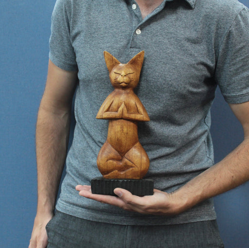 Hand Carved Yoga Cat - Lotus