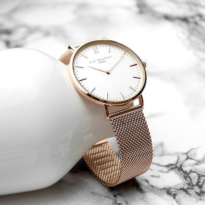 Elie Beaumont Personalised Ladies Rose Gold Mesh Strapped Watch With White Dial