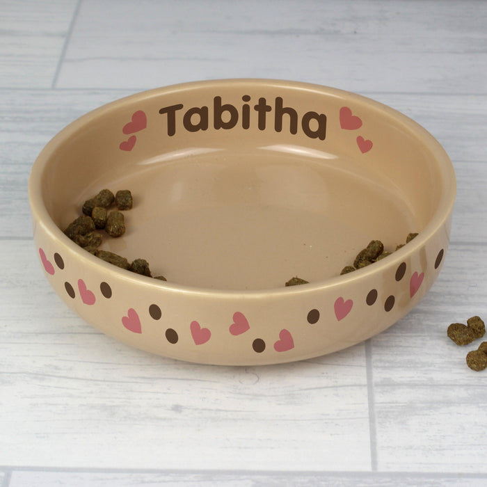 Personalised Dotty Heart Small Brown Pet Bowl