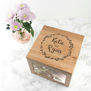 Personalised Couple's Oak Photo Keepsake Box with Wreath Design