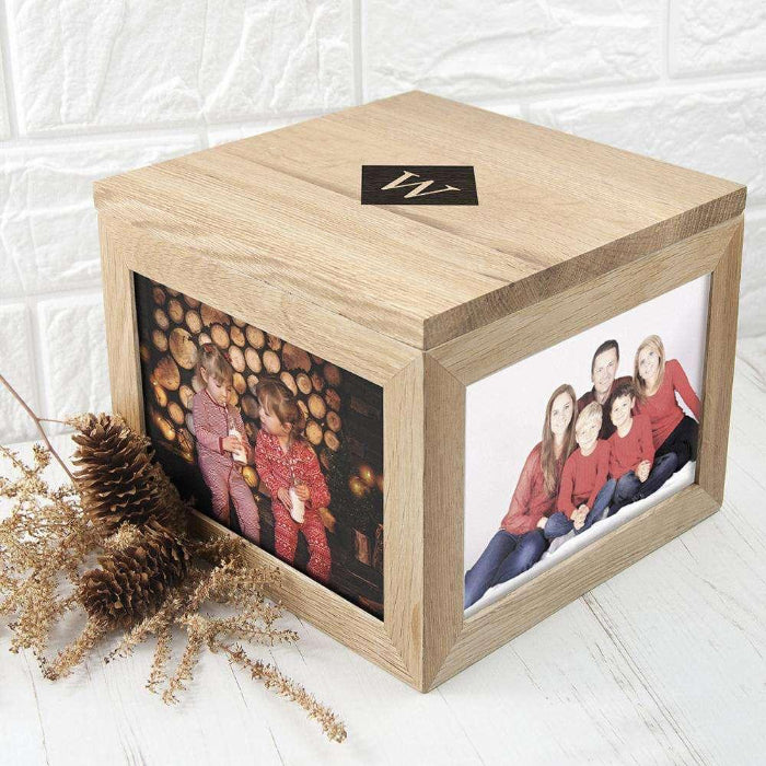 Engraved Photo Cube Wooden Keepsake Box with Initials