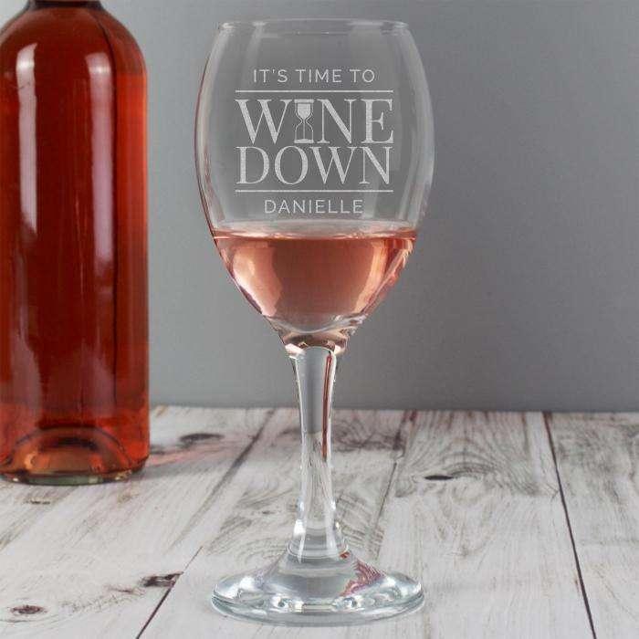 Engraved It's Time to Wine Down Wine Glass