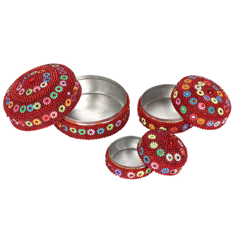 Set of 12 Red Beaded Trinket Boxes
