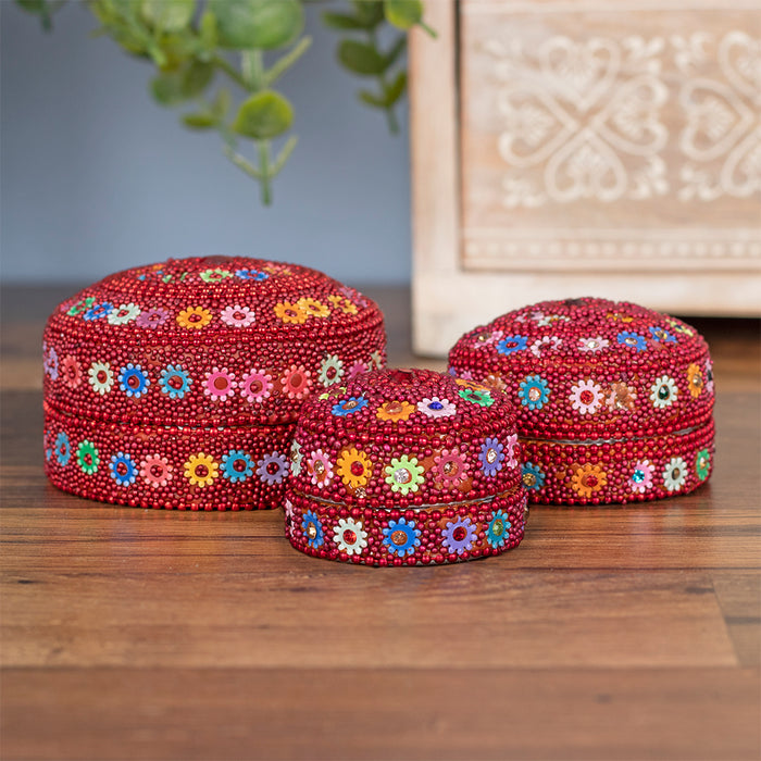 Set of 12 Red Beaded Trinket Boxes